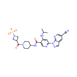 CC(C)Nc1cc(-n2ncc3cc(C#N)cnc32)ncc1C(=O)NC1CCN(C(=O)C2CN(S(C)(=O)=O)C2)CC1 ZINC001772629396