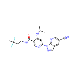 CC(C)Nc1cc(-n2ncc3cc(C#N)cnc32)ncc1C(=O)NCCC(C)(F)F ZINC001772628245