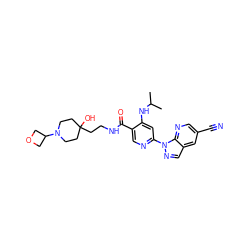 CC(C)Nc1cc(-n2ncc3cc(C#N)cnc32)ncc1C(=O)NCCC1(O)CCN(C2COC2)CC1 ZINC001772645666