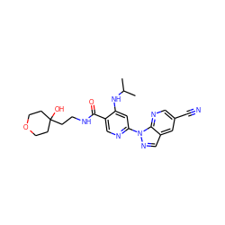 CC(C)Nc1cc(-n2ncc3cc(C#N)cnc32)ncc1C(=O)NCCC1(O)CCOCC1 ZINC001772636501