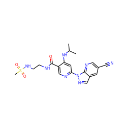 CC(C)Nc1cc(-n2ncc3cc(C#N)cnc32)ncc1C(=O)NCCNS(C)(=O)=O ZINC001772649974