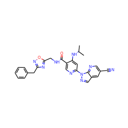 CC(C)Nc1cc(-n2ncc3cc(C#N)cnc32)ncc1C(=O)NCc1nc(Cc2ccccc2)no1 ZINC001772604530