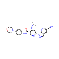 CC(C)Nc1cc(-n2ncc3cc(C#N)cnc32)ncc1C(=O)Nc1ccc(N2CCOCC2)cc1 ZINC001772641391