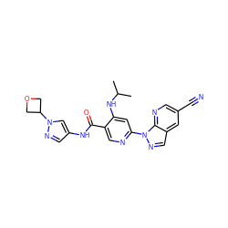 CC(C)Nc1cc(-n2ncc3cc(C#N)cnc32)ncc1C(=O)Nc1cnn(C2COC2)c1 ZINC001772588823