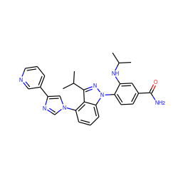 CC(C)Nc1cc(C(N)=O)ccc1-n1nc(C(C)C)c2c(-n3cnc(-c4cccnc4)c3)cccc21 ZINC000222993730