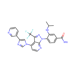 CC(C)Nc1cc(C(N)=O)ccc1-n1nc(C(F)(F)F)c2c(-n3cnc(-c4cccnc4)c3)ccnc21 ZINC000169240602