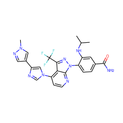 CC(C)Nc1cc(C(N)=O)ccc1-n1nc(C(F)(F)F)c2c(-n3cnc(-c4cnn(C)c4)c3)ccnc21 ZINC000169703566