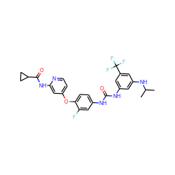 CC(C)Nc1cc(NC(=O)Nc2ccc(Oc3ccnc(NC(=O)C4CC4)c3)c(F)c2)cc(C(F)(F)F)c1 ZINC001772590161