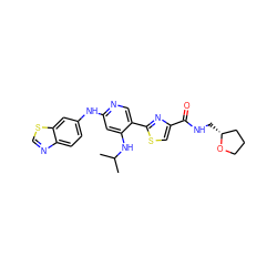 CC(C)Nc1cc(Nc2ccc3ncsc3c2)ncc1-c1nc(C(=O)NC[C@@H]2CCCO2)cs1 ZINC000223342635