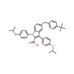 CC(C)Nc1ccc(-n2c(C(=O)O)c(-c3ccc(OC(C)C)cc3)c3cc(Cc4ccc(C(C)(C)C)cc4)ccc32)cc1 ZINC000044352113