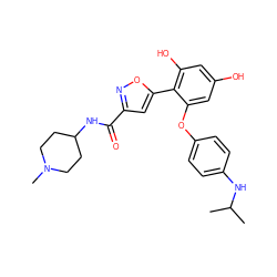 CC(C)Nc1ccc(Oc2cc(O)cc(O)c2-c2cc(C(=O)NC3CCN(C)CC3)no2)cc1 ZINC000096286428