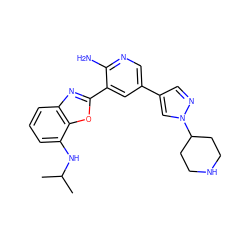 CC(C)Nc1cccc2nc(-c3cc(-c4cnn(C5CCNCC5)c4)cnc3N)oc12 ZINC000084652291