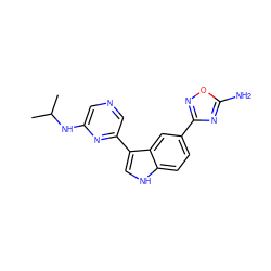 CC(C)Nc1cncc(-c2c[nH]c3ccc(-c4noc(N)n4)cc23)n1 ZINC000204762428