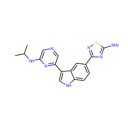 CC(C)Nc1cncc(-c2c[nH]c3ccc(-c4nsc(N)n4)cc23)n1 ZINC000204778285