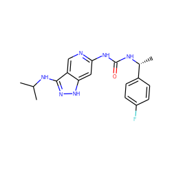 CC(C)Nc1n[nH]c2cc(NC(=O)N[C@H](C)c3ccc(F)cc3)ncc12 ZINC001772577056