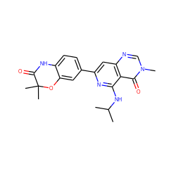 CC(C)Nc1nc(-c2ccc3c(c2)OC(C)(C)C(=O)N3)cc2ncn(C)c(=O)c12 ZINC000115622686