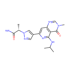 CC(C)Nc1nc(-c2cnn([C@@H](C)C(N)=O)c2)cc2ncn(C)c(=O)c12 ZINC000143147113