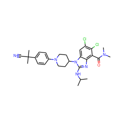 CC(C)Nc1nc2c(C(=O)N(C)C)c(Cl)c(Cl)cc2n1C1CCN(c2ccc(C(C)(C)C#N)cc2)CC1 ZINC000095581540