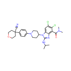 CC(C)Nc1nc2c(C(=O)N(C)C)c(Cl)c(Cl)cc2n1C1CCN(c2ccc(C3(C#N)CCOCC3)cc2)CC1 ZINC000095582060