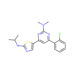 CC(C)Nc1ncc(-c2cc(-c3ccccc3Cl)nc(N(C)C)n2)s1 ZINC000064539782