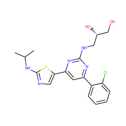 CC(C)Nc1ncc(-c2cc(-c3ccccc3Cl)nc(NC[C@H](O)CO)n2)s1 ZINC000064527047