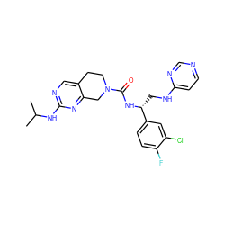 CC(C)Nc1ncc2c(n1)CN(C(=O)N[C@H](CNc1ccncn1)c1ccc(F)c(Cl)c1)CC2 ZINC001772606643