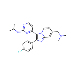 CC(C)Nc1nccc(-c2c(-c3ccc(F)cc3)nc3cc(CN(C)C)ccn23)n1 ZINC000028822174