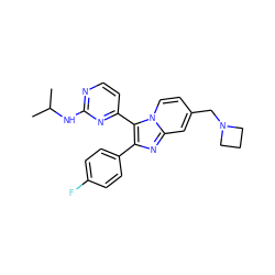 CC(C)Nc1nccc(-c2c(-c3ccc(F)cc3)nc3cc(CN4CCC4)ccn23)n1 ZINC000028822175