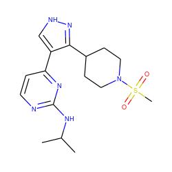 CC(C)Nc1nccc(-c2c[nH]nc2C2CCN(S(C)(=O)=O)CC2)n1 ZINC000040410656