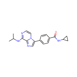 CC(C)Nc1nccn2c(-c3ccc(C(=O)NC4CC4)cc3)cnc12 ZINC000299854522