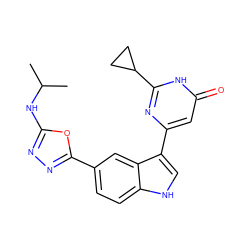 CC(C)Nc1nnc(-c2ccc3[nH]cc(-c4cc(=O)[nH]c(C5CC5)n4)c3c2)o1 ZINC000221730575