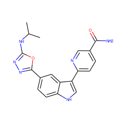 CC(C)Nc1nnc(-c2ccc3[nH]cc(-c4ccc(C(N)=O)cn4)c3c2)o1 ZINC000221747191