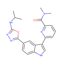 CC(C)Nc1nnc(-c2ccc3[nH]cc(-c4cccc(C(=O)N(C)C)n4)c3c2)o1 ZINC000221710635