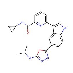 CC(C)Nc1nnc(-c2ccc3[nH]cc(-c4cccc(C(=O)NC5CC5)n4)c3c2)o1 ZINC000221737815