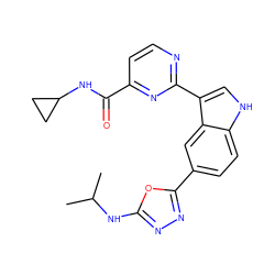 CC(C)Nc1nnc(-c2ccc3[nH]cc(-c4nccc(C(=O)NC5CC5)n4)c3c2)o1 ZINC000204752211