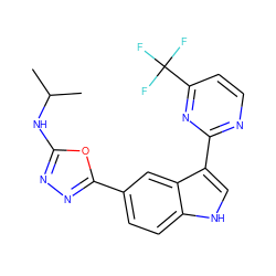 CC(C)Nc1nnc(-c2ccc3[nH]cc(-c4nccc(C(F)(F)F)n4)c3c2)o1 ZINC000221727839