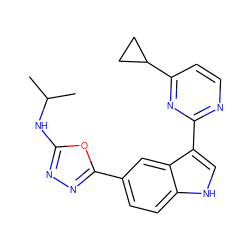 CC(C)Nc1nnc(-c2ccc3[nH]cc(-c4nccc(C5CC5)n4)c3c2)o1 ZINC000145441349