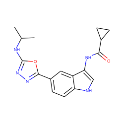 CC(C)Nc1nnc(-c2ccc3[nH]cc(NC(=O)C4CC4)c3c2)o1 ZINC000204759729