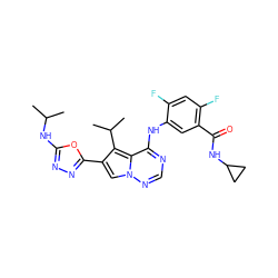 CC(C)Nc1nnc(-c2cn3ncnc(Nc4cc(C(=O)NC5CC5)c(F)cc4F)c3c2C(C)C)o1 ZINC000029128128