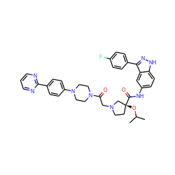 CC(C)O[C@@]1(C(=O)Nc2ccc3[nH]nc(-c4ccc(F)cc4)c3c2)CCN(CC(=O)N2CCN(c3ccc(-c4ncccn4)cc3)CC2)C1 ZINC000200329169