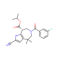 CC(C)OC(=O)[C@@H]1CN(C(=O)c2cccc(F)c2)CC(C)(C)c2cc(C#N)[nH]c21 ZINC000045303303