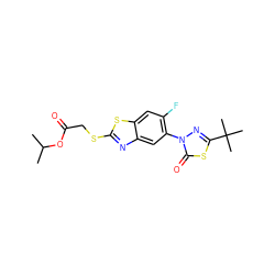 CC(C)OC(=O)CSc1nc2cc(-n3nc(C(C)(C)C)sc3=O)c(F)cc2s1 ZINC000082149816