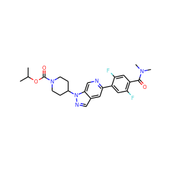 CC(C)OC(=O)N1CCC(n2ncc3cc(-c4cc(F)c(C(=O)N(C)C)cc4F)ncc32)CC1 ZINC000653859560