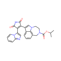 CC(C)OC(=O)N1CCn2cc(C3=C(c4cnc5ccccn45)C(=O)NC3=O)c3cccc(c32)C1 ZINC000013581270