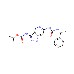 CC(C)OC(=O)Nc1n[nH]c2cc(NC(=O)N[C@H](C)c3ccccc3)ncc12 ZINC001772606521