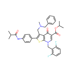 CC(C)OC(=O)c1cn(Cc2c(F)cccc2F)c2sc(-c3ccc(NC(=O)C(C)C)cc3)c(CN(C)Cc3ccccc3)c2c1=O ZINC000004424097