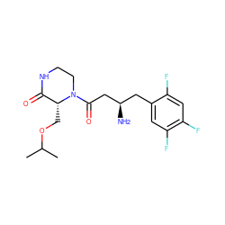 CC(C)OC[C@@H]1C(=O)NCCN1C(=O)C[C@H](N)Cc1cc(F)c(F)cc1F ZINC000071340551