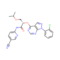 CC(C)OC[C@H](Oc1ncnc2c1cnn2-c1ccccc1Cl)C(=O)Nc1ccc(C#N)cn1 ZINC000114684050