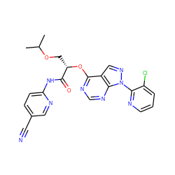 CC(C)OC[C@H](Oc1ncnc2c1cnn2-c1ncccc1Cl)C(=O)Nc1ccc(C#N)cn1 ZINC000114683222