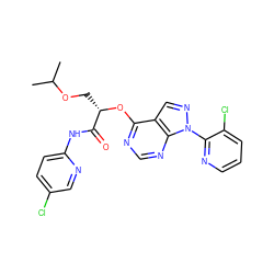 CC(C)OC[C@H](Oc1ncnc2c1cnn2-c1ncccc1Cl)C(=O)Nc1ccc(Cl)cn1 ZINC000114686255